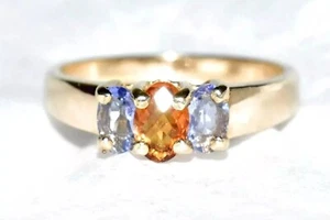 Tanzanite & Madeira Citrine 9ct Gold Trilogy Ring 2.7g Three Stone Ring Size N/7 - Picture 1 of 7