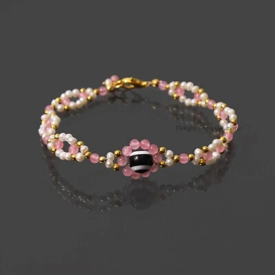 Natural Pearl/Rose Quartz/Evil Eye Beaded Bracelet,8/3-3.5mm Round Bead Bracelet - Image 1 of 4