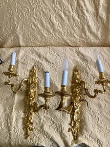 Beautiful Pair of Mated Dura Bronze Wall Sconces, Gold with 2 Lights Each - Picture 1 of 13