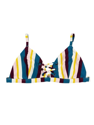 Top de bikini Hollister azul rosa amarillo a múltiples rayas con cordones delanteros talla grande Foto 1 de 4