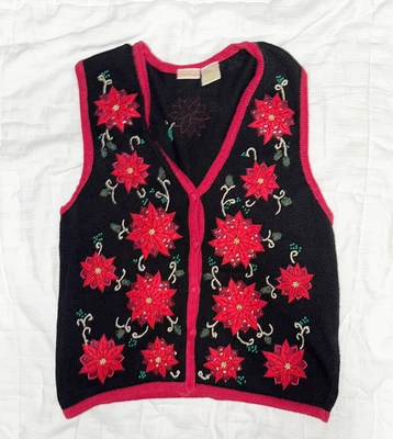 复古 Bobbie Brooks 红色和黑色 Poinsettia 圣诞背心女式 XL 码 — 第 1/4 张图片