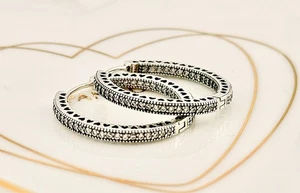 New 100% Genuine Pandora Pave Sparkle & Hearts Large Hoops Earrings 296319CZ - Picture 1 of 13