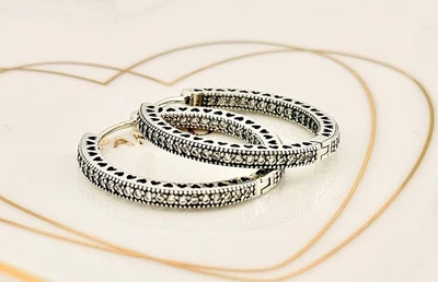 New 100% Genuine Pandora Pave Sparkle & Hearts Large Hoops Earrings 296319CZ - Image 1 of 4