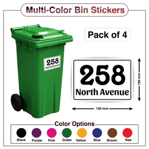 4 x PERSONALISED WHEELIE BIN NUMBER STICKER A6 MULTI COLOURED NUMBER, ROAD PBN01 - Picture 1 of 9