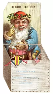 Tarjeta comercial plegable 1882 McCarthy Co Syracuse NY Navidad Santa Jack en la caja - Imagen 1 de 3