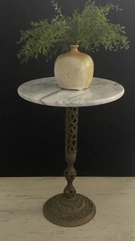 Vintage Marble Pierced Brass Plant Stand Table Hollywood Regency Round 12" Top Cover