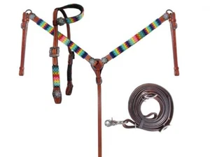 RAINBOW BEADED Bridle Breast Collar Reins Wither Strap 4 piece Leather Tack SET - Picture 1 of 4