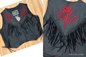 Gilet donna NEW USA EXTREME BIKER PELLE nero con rosa rossa gilet stringato lati XXL - Foto 1 di 12