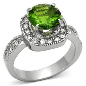 Peridot CZ Halo Style Ring August Birthstone Stainless Steel TK316 - Picture 1 of 21