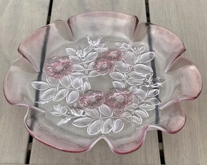 Rosella 12.5” Glass Round Platter by Mikasa, Frosted Pink Flowers & Leaves, Vtg - Picture 1 of 5
