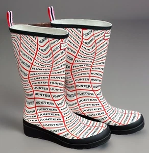 Sz 8 Hunter Women's Rain Boots 12.75" Play Sonic Wave Logo Print Black White Red - Picture 1 of 13