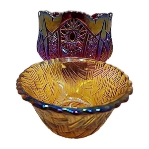 Vintage Iridescent Sunset Indiana Red Carnival Glass Bowl Heritage Pattern + One - Picture 1 of 13