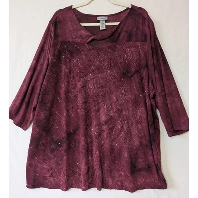 Catherines Womens Burgundy Sequin Embroidered Twist Neck Top Size 3X Wimsygoth - Image 1 of 4