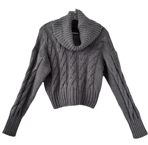 QUIZ .. Grey Chunky Cable Knit Polo Neck Jumper Sz M - Picture 1 of 5
