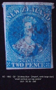 New Zealand- QV - 1862 - 2d deep blue - ULH - Imperf - SG 36 - Picture 1 of 2