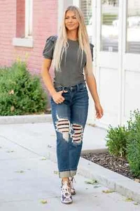 Judy Blue Jeans Demin Boyfriend Buffalo Plaid Patch Mid Damen Gr. 3 / 26 Neu mit Etikett - Bild 1 von 11