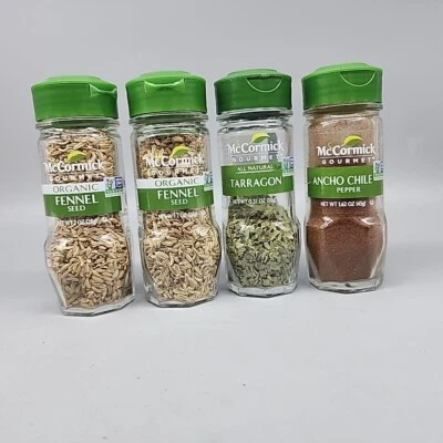 4 McCormick Spices Green Lid Organic Glass Jar Bottles Fennel Tarragon Chili - Image 1 of 4