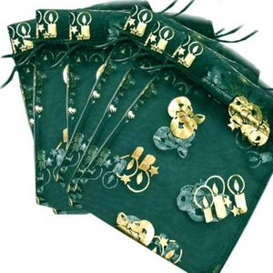 *HOLIDAY*_6-PAK_DECORATIVE ORNAMENTAL ORGANZA GIFT JEWELRY POUCH_GREEN w/GOLD - Picture 1 of 7