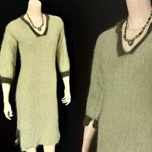 1960s Sexy Sweater Dress, Hand Knit Mohair, Martini Olive & Forest Green, P-SM - Picture 1 of 7