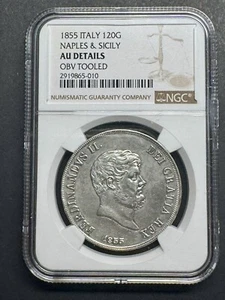 ITALY/ITALIAN STATES NAPLES 1855 120 GRANA SILVER COIN NGC CERTIFIED AU DETAILS - Picture 1 of 3