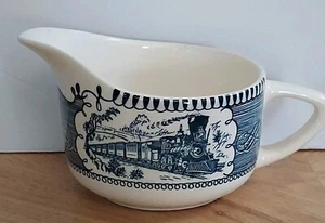 Vintage Royal China Currier & Ives Blue Train Creamer 2 1/2" tall x 6" wide - Picture 1 of 8