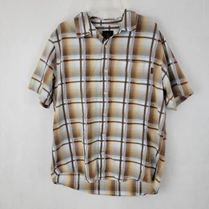 PRANA Mens Shirt MEDIUM Short Sleeve BROWN Plaid Button Up Outdoor Cotton Blend - Picture 1 of 10