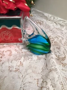 Murano Style-Tropical Green & Blue Fish Strips - Art Glass Paperweight Figurine - Picture 1 of 6