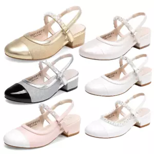 Girls Slingback Pump Shoes Ankle Strap Round Toe Princess Wedding Party Pumps - Picture 1 of 38