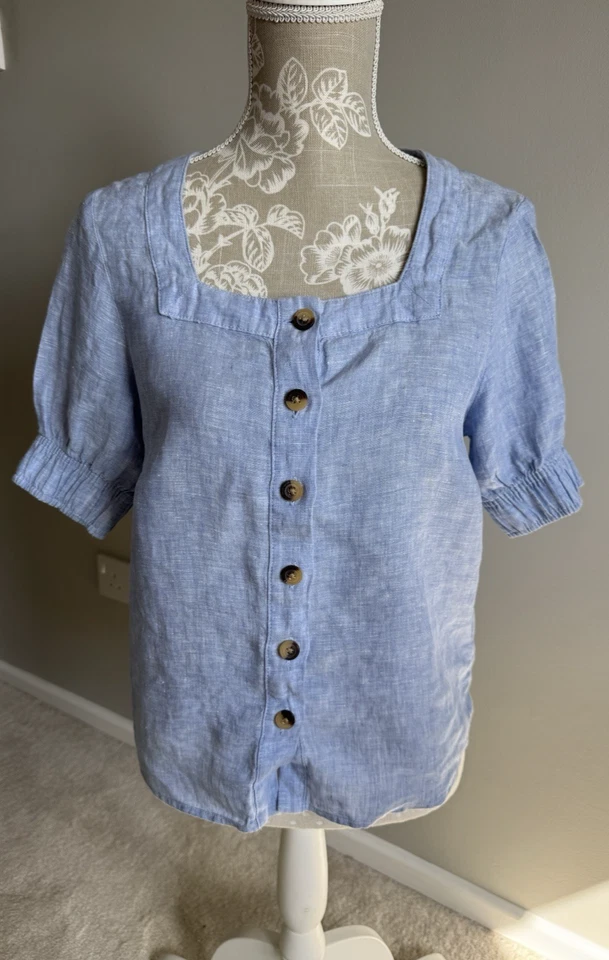 M&S 100% LINEN CHAMBRAY SQUARE NECK BUTTON FRONTSHORT PUFF SLEEVE  BLOUSE SIZE 8 - Image 1 of 4