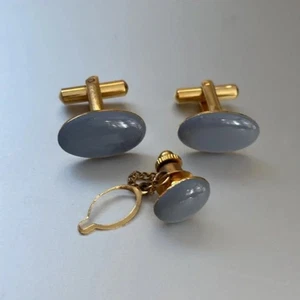 Vintage Krawattennadel Manschettenknöpfe Set blau grau gold Hochzeit wunderschöne Farbe - Bild 1 von 2