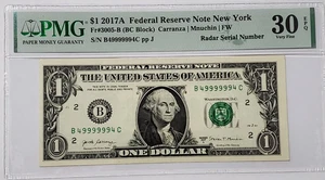 Billete de $1 2017A número de serie elegante PMG 30 SUPER RADAR muy fino - B 49999994 C - Imagen 1 de 4