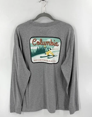 Camiseta masculina manga longa Columbia tamanho XL cinza esqui montanhas gráfico - Imagem 1 de 4
