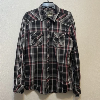 BKE Button Black Snap Shirt XXL Slim Fit Gray Red Plaid Western Cowboy - Image 1 of 4