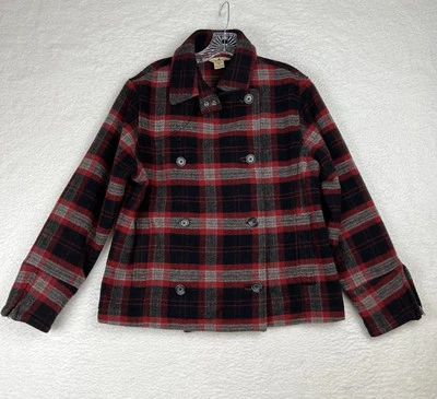 Woolrich Double Breasted Wool Blend Peacoat Red Black Plaid 15415 Women’s Medium - Image 1 of 4