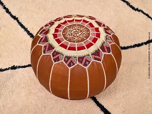 Moroccan Handmade Genuine Leather Boho Pouf Ottoman Footstool Pouffe DARK TAN - Picture 1 of 14