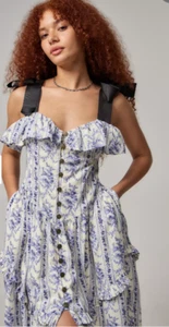 Abito donna Kirsten Midi Prairie Kimchi blu UO taglia S nuovo con etichetta fiocco cravatta - Foto 1 di 14