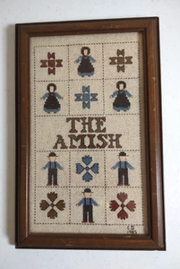 Vintage ~ Needlepoint Cross Stitch ~ The Amish ~ Wood Framed under Glass ~ 1985 - Picture 1 of 5