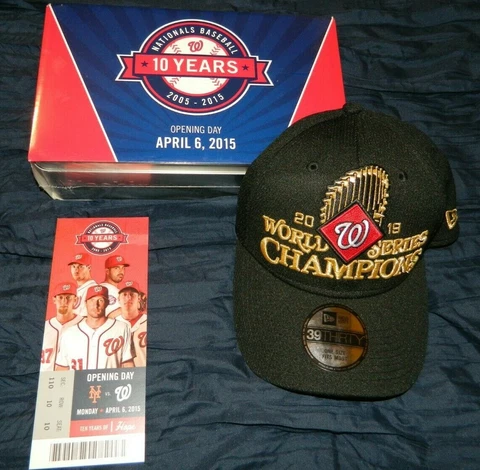 Nationals 2019 World Series Champ Hat + 2015 Opening Day 10 year tin & ticket Cover