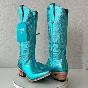 Lane SMOKESHOW Womens Cowboy Boots 7 Turquoise Leather Western Cowgirl Mid Calf - Picture 1 of 13
