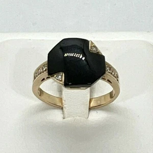 Vintage 14k yellow gold black onyx bent curved octagonal diamond ring geometric - Picture 1 of 9