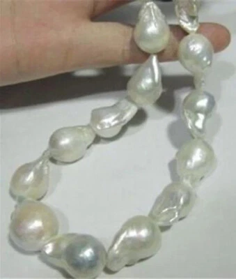 Rare 15-25MM SOUTH SEA REAL NATURAL WHITE BAROQUE PEARL NECKLACE JEWELRY 16-36" - Image 1 of 4
