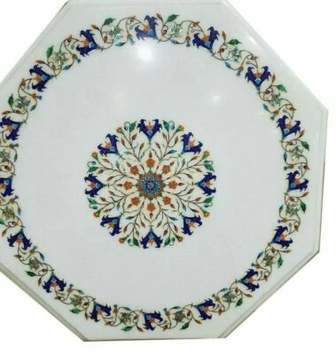 18'' White Marble Table Top Dining Coffee Center Inlay Moasic Lapis Decor V5 - Image 1 of 4