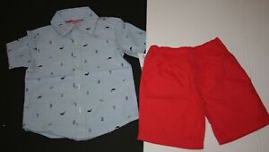 New Carter's 4T Boys 2 Piece Set Blue Dress Shirt Top Nautical & Red Shorts 