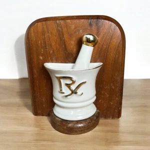 Vintage Rx Mortar & Pestle Ceramic Bookend White Gold Pharmacy Decor Wood Base - Picture 1 of 7