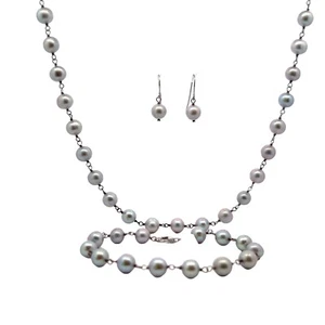 De Ley Enlace 7.5-8mm Gris Original Cultivada Perla Pendiente Collar Pulsera Set - Imagen 1 de 12