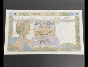 france very large 500 francs La Paix (peace) 1. 10. 42 Banknote Q6971. WWII ERA. - Picture 1 of 2