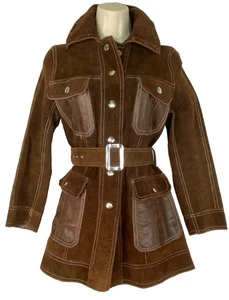 Vintage 70er Jahre dunkelbraune Wende Lederjacke echt Wildleder Patchwork XS - Bild 1 von 18