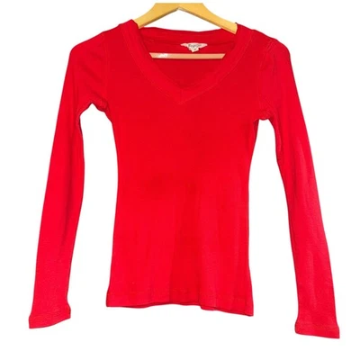 Top estilo Energie Y2K adolescentes talla mediana cuello en V acanalado rojo manga larga ~ defectuoso Foto 1 de 4