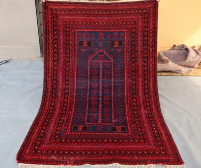 3x5 Baluchi Rug - Vintage Afghan Tribal Wool Rug - Red & Blue Geometric. - Image 1 of 4