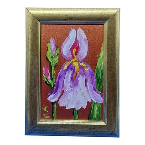 Arte de pared hecho a mano con marco dorado impasto flores jardín pintura original iris - Imagen 1 de 19